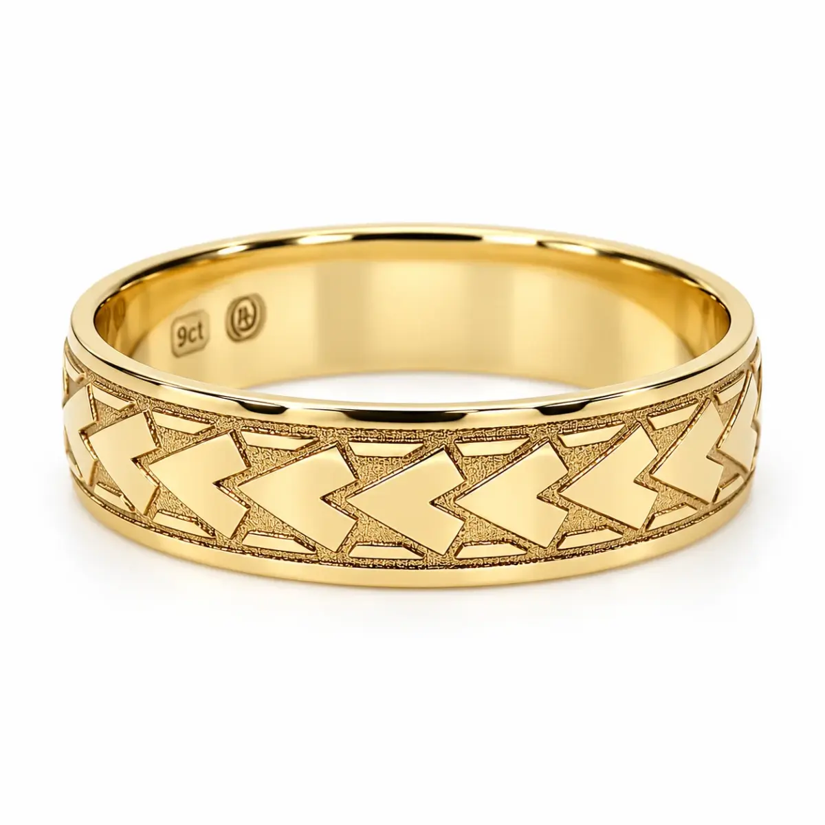 9ct Yellow Gold 6mm Polynesian-Inspired Geometric Chevron Laser Engraved Half Round Wedding Band - 9YHR5258-6