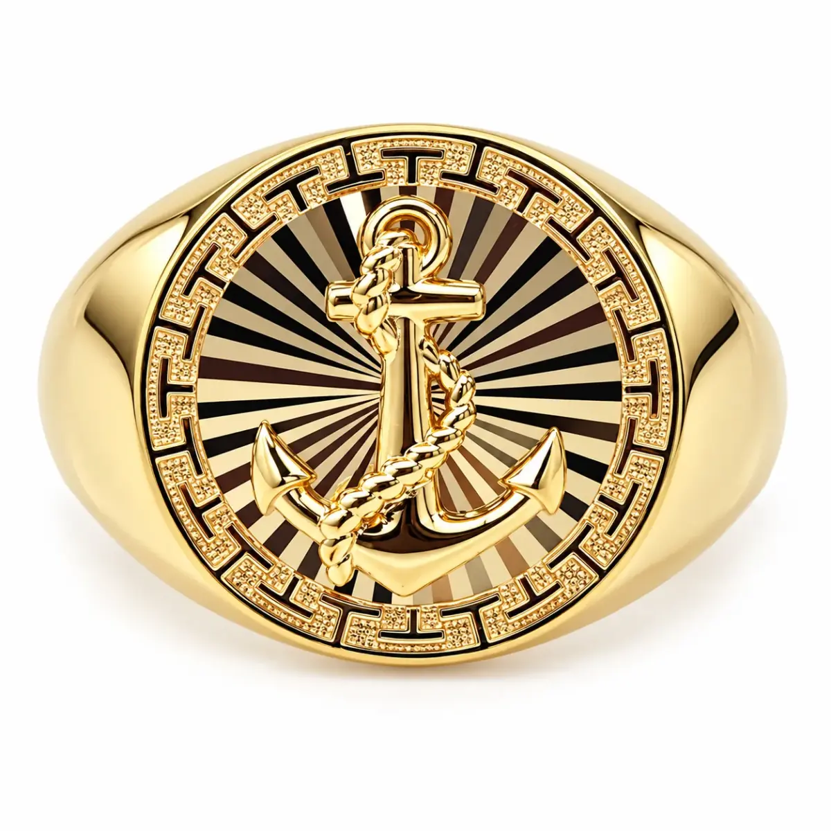 9ct Yellow Gold Anchor Signet Ring – Greek Key & Sunburst Design – Size U – Made in Italy - 9KDR656Y