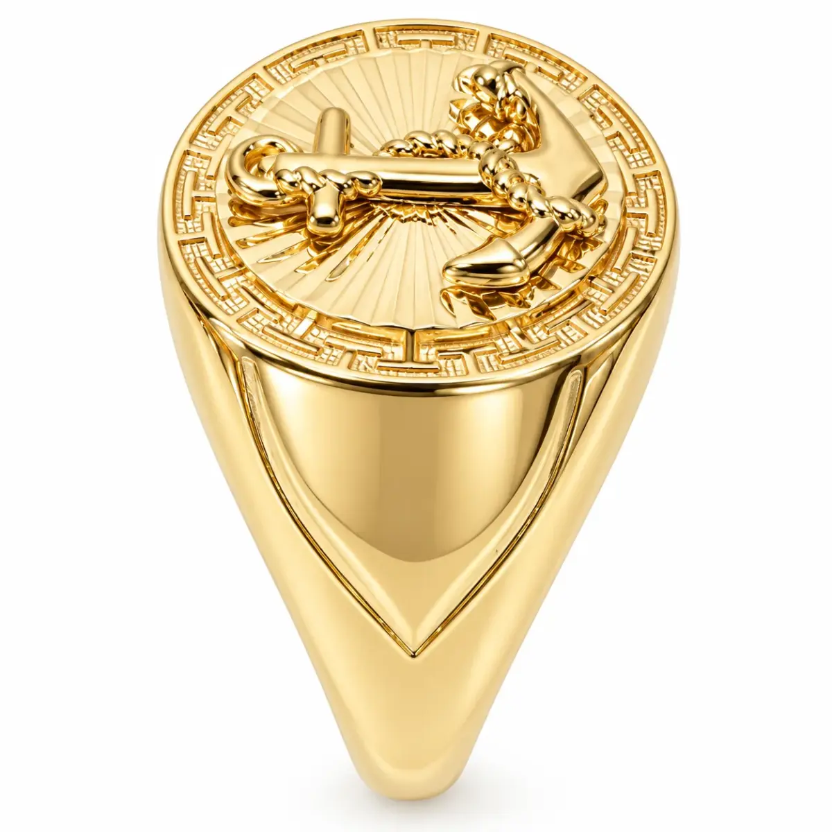 9ct Yellow Gold Anchor Signet Ring – Greek Key & Sunburst Design – Size U – Made in Italy - 9KDR656Y