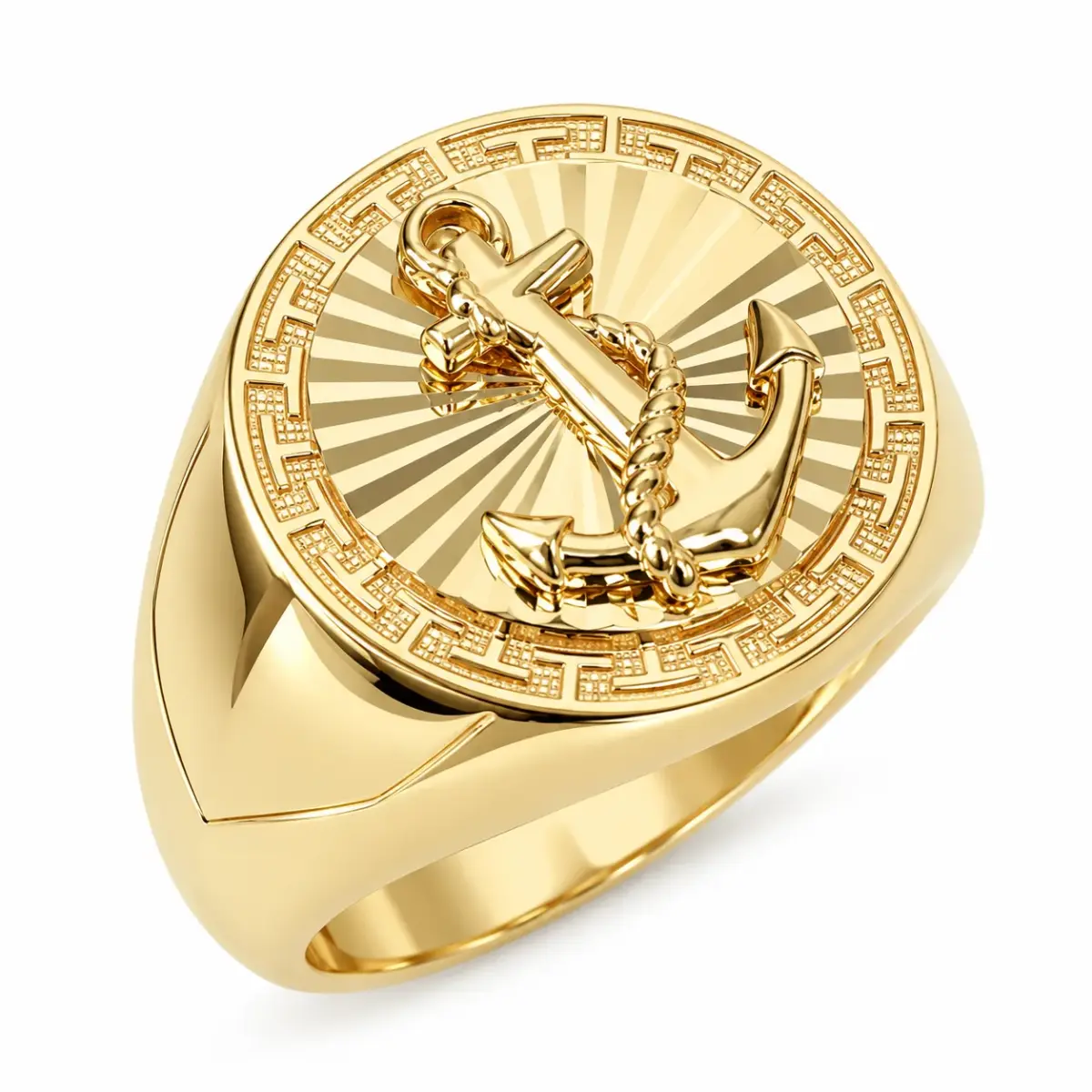 9ct Yellow Gold Anchor Signet Ring – Greek Key & Sunburst Design – Size U – Made in Italy - 9KDR656Y