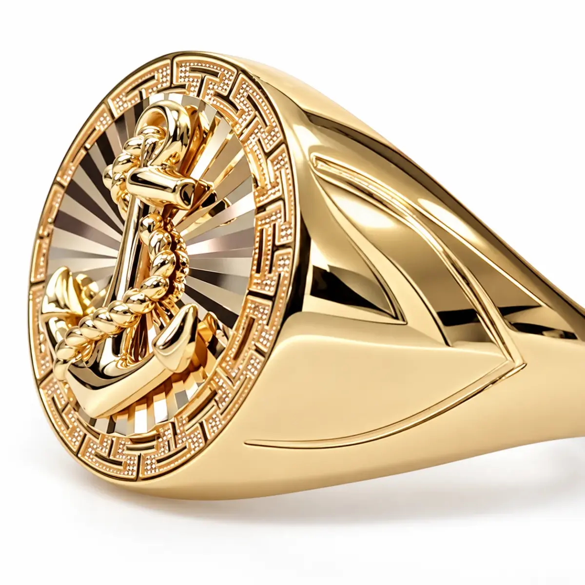 9ct Yellow Gold Anchor Signet Ring – Greek Key & Sunburst Design – Size U – Made in Italy - 9KDR656Y