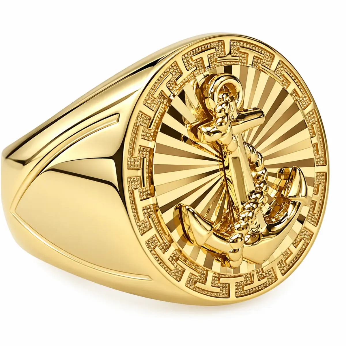 9ct Yellow Gold Anchor Signet Ring – Greek Key & Sunburst Design – Size U – Made in Italy - 9KDR656Y