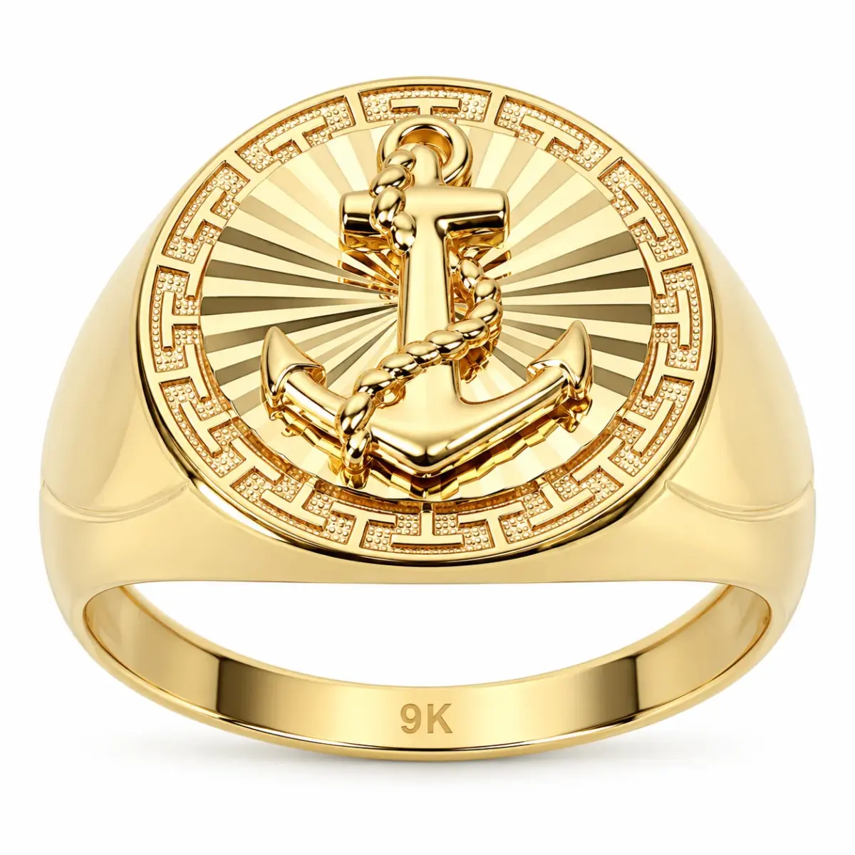 9ct Yellow Gold Anchor Signet Ring – Greek Key & Sunburst Design – Size U – Made in Italy - 9KDR656Y