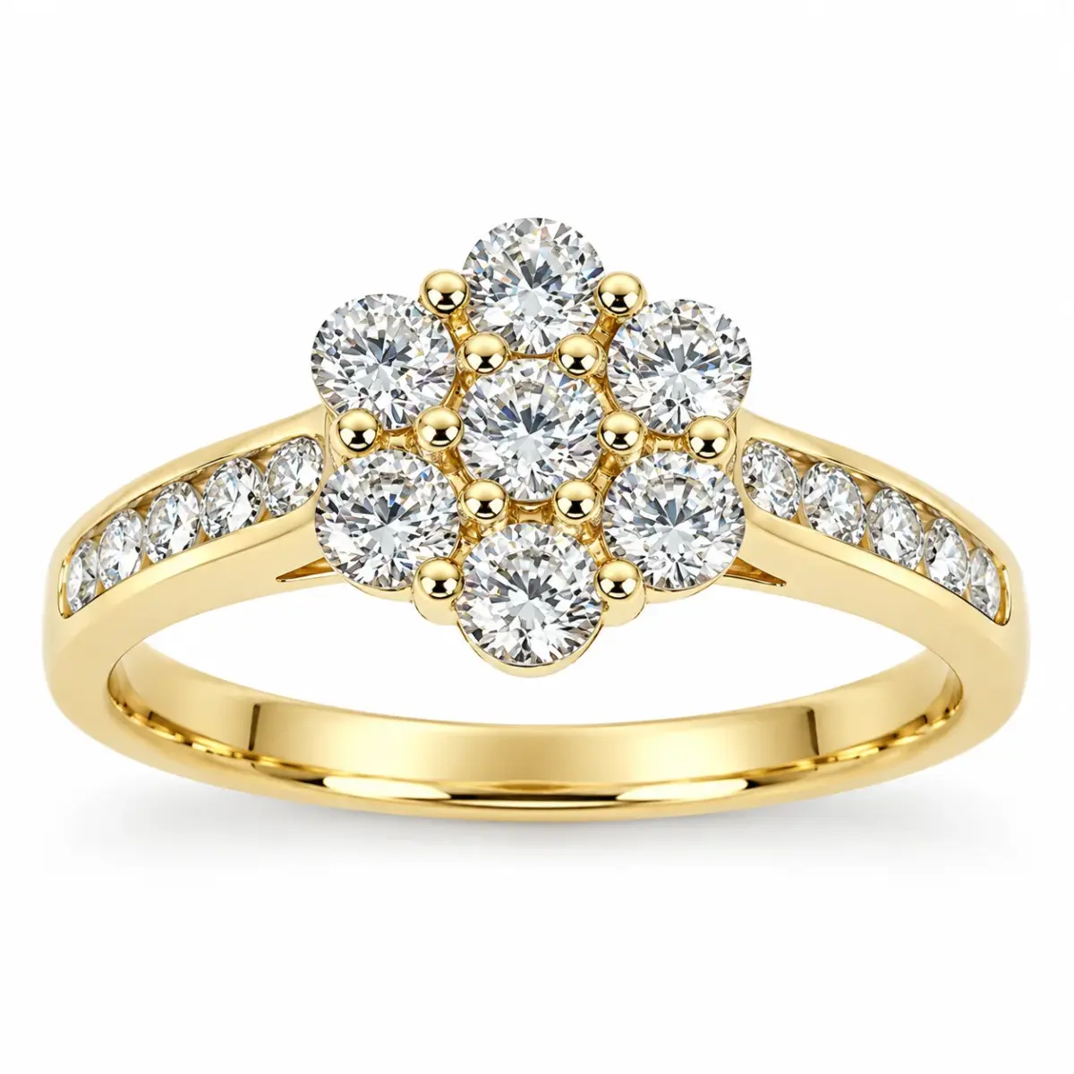 9ct Yellow Gold CZ 9mm Floral Cluster Ring with Stone-Set Shoulders - 9YCYR1826