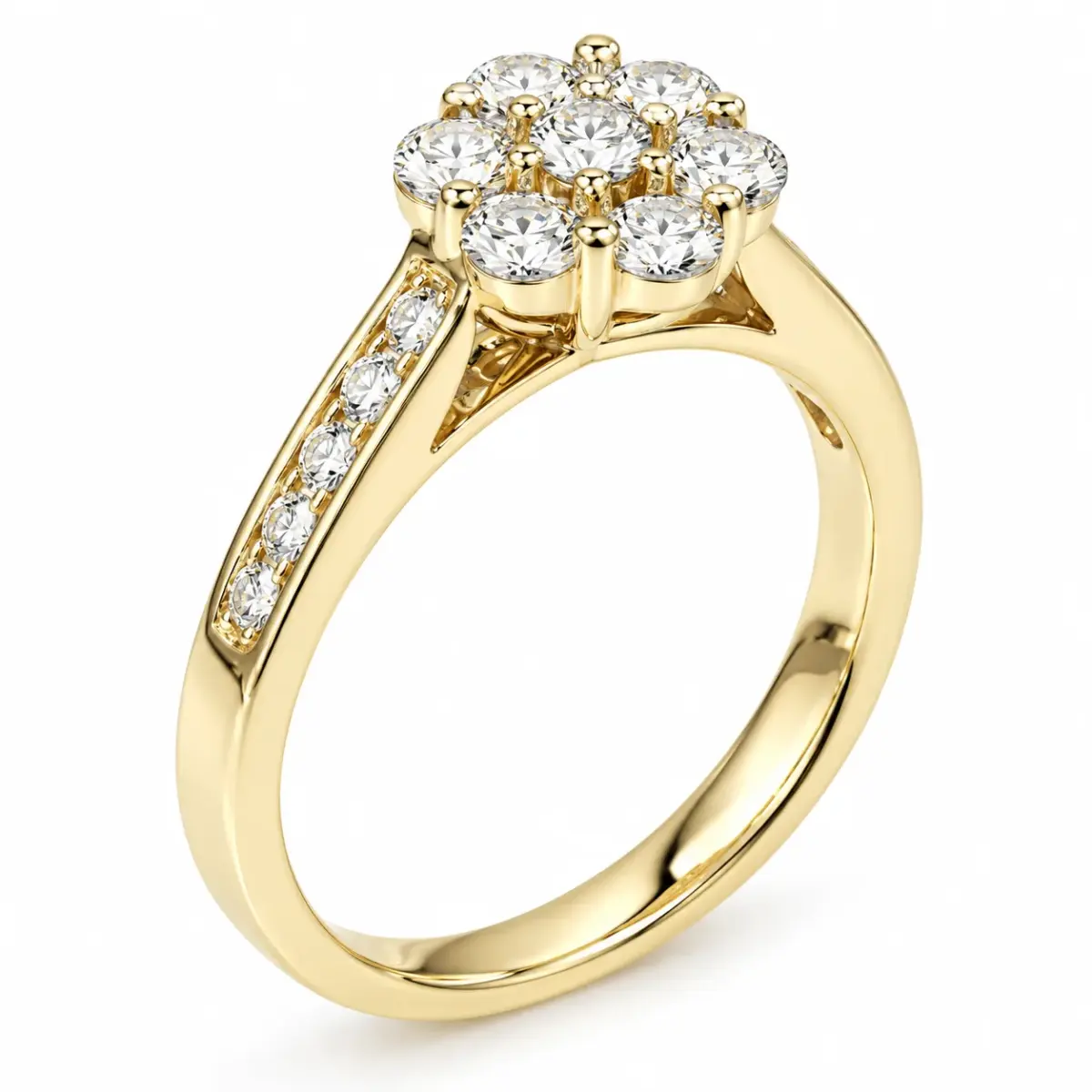 9ct Yellow Gold CZ 9mm Floral Cluster Ring with Stone-Set Shoulders - 9YCYR1826