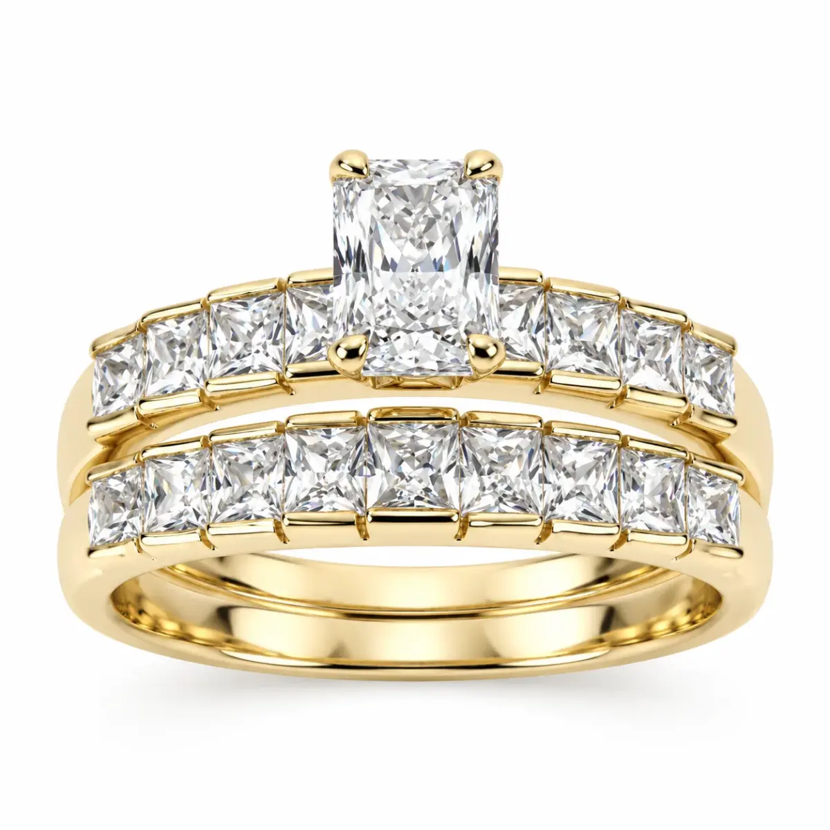 9ct Yellow Gold Emerald Cut & Baguette CZ 2-Piece Bridal Ring Set - 9YCYR1788AB