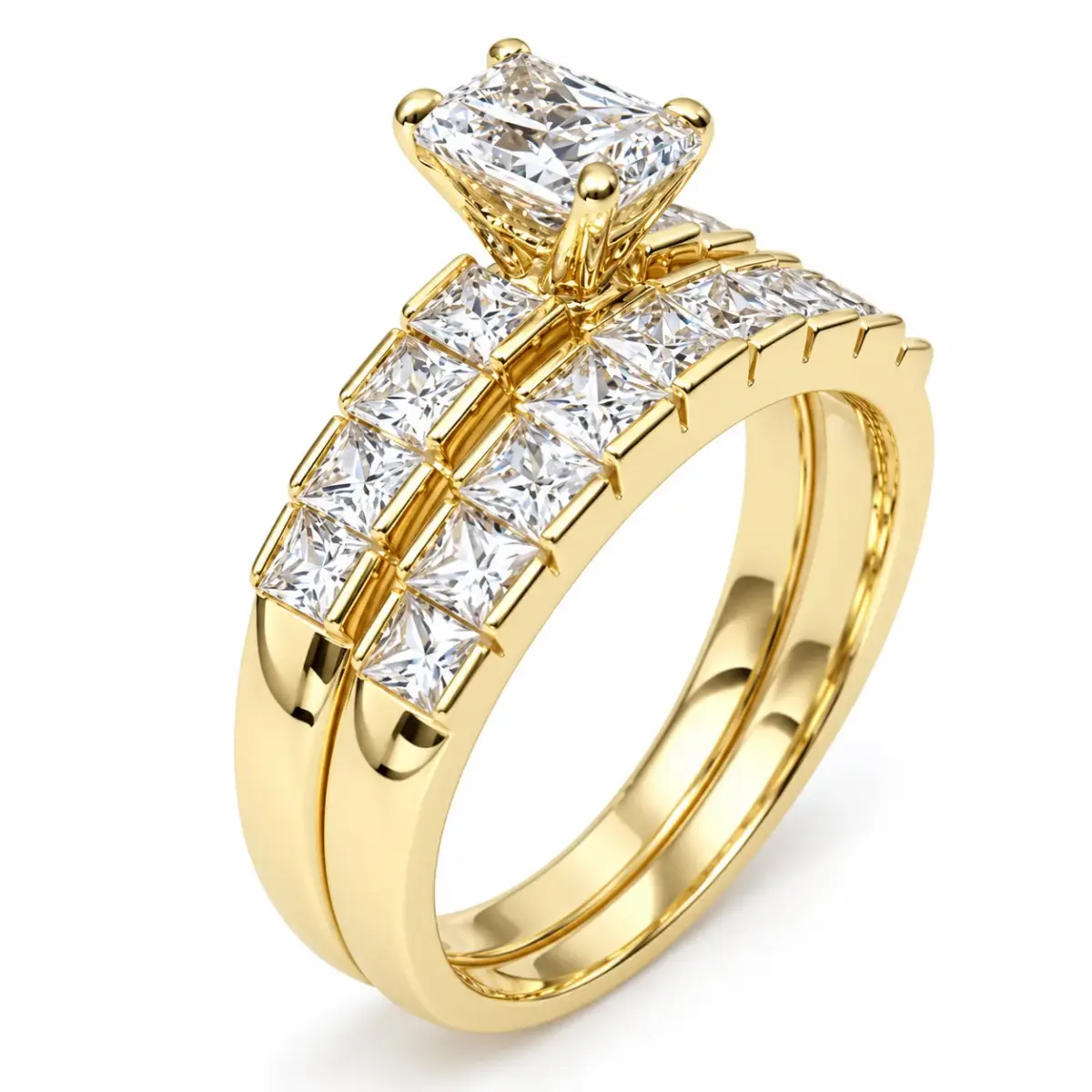 9ct Yellow Gold Emerald Cut & Baguette CZ 2-Piece Bridal Ring Set - 9YCYR1788AB