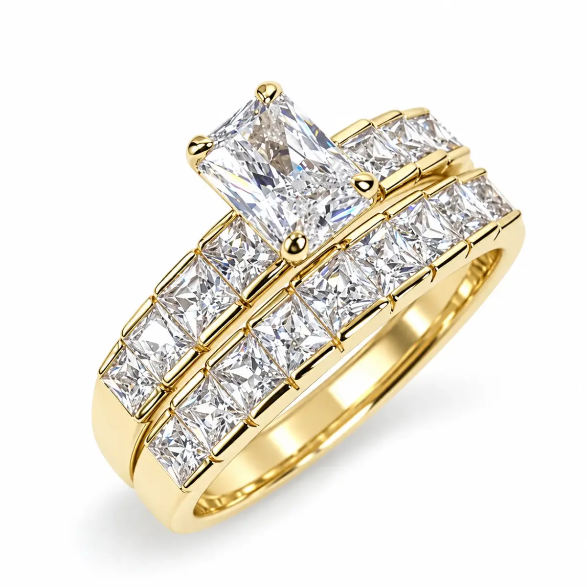 9ct Yellow Gold Emerald Cut & Baguette CZ 2-Piece Bridal Ring Set - 9YCYR1788AB