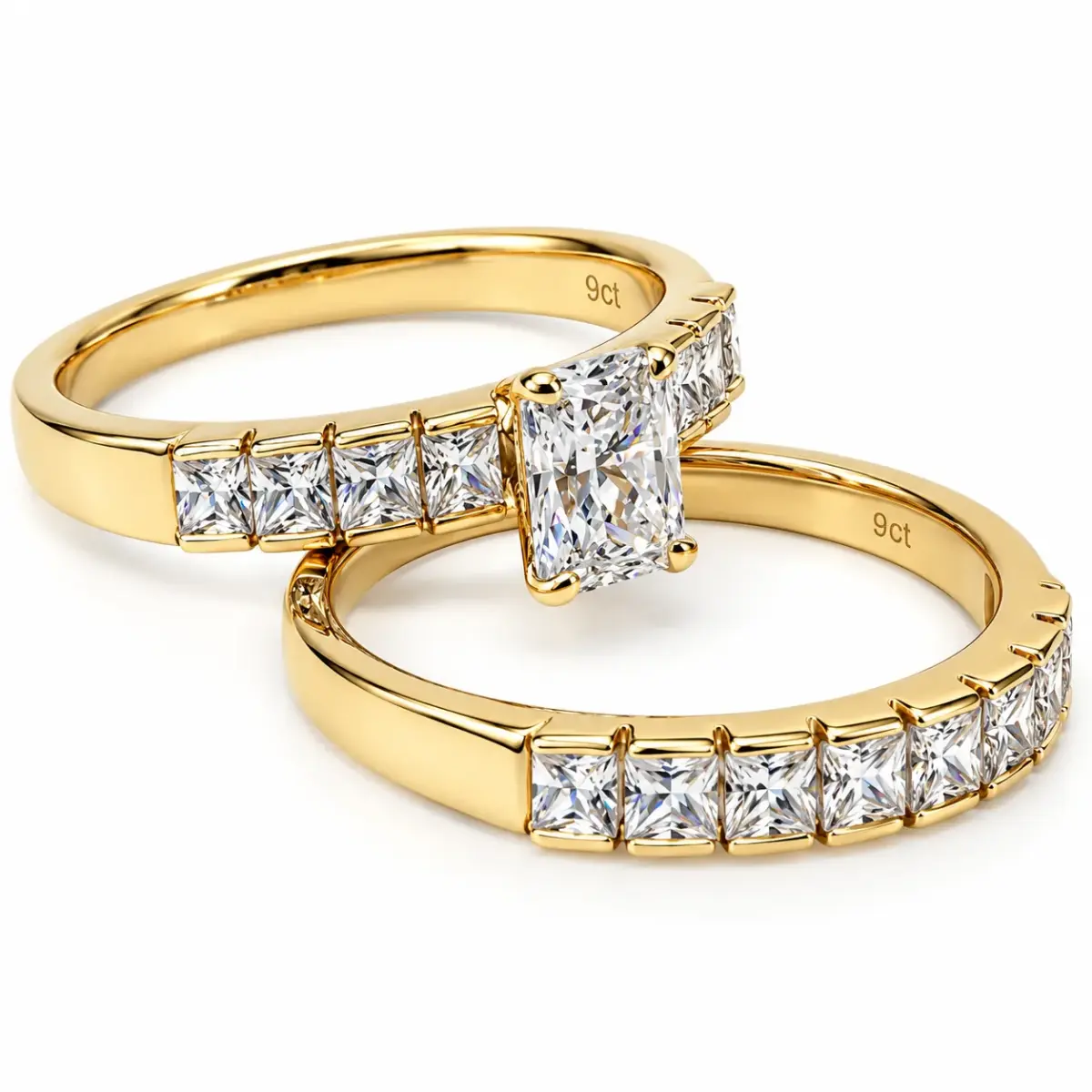 9ct Yellow Gold Emerald Cut & Baguette CZ 2-Piece Bridal Ring Set - 9YCYR1788AB