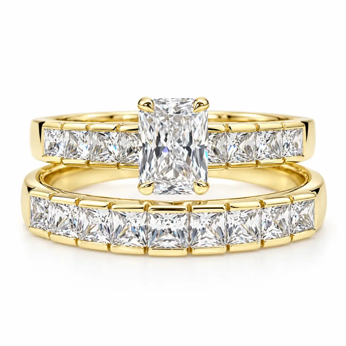 9ct Yellow Gold Emerald Cut & Baguette CZ 2-Piece Bridal Ring Set - 9YCYR1788AB