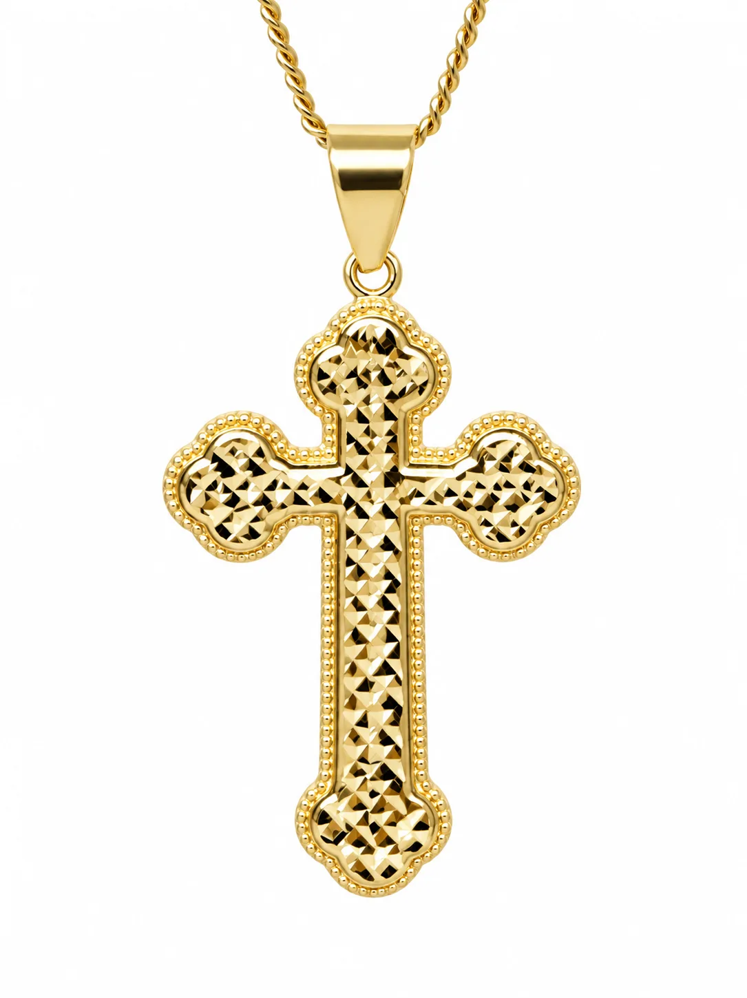 9ct Yellow Gold Faceted Diamond-Cut Trefoil Cross Pendant – 25mm x 17mm | Made in Italy - 9KCR673