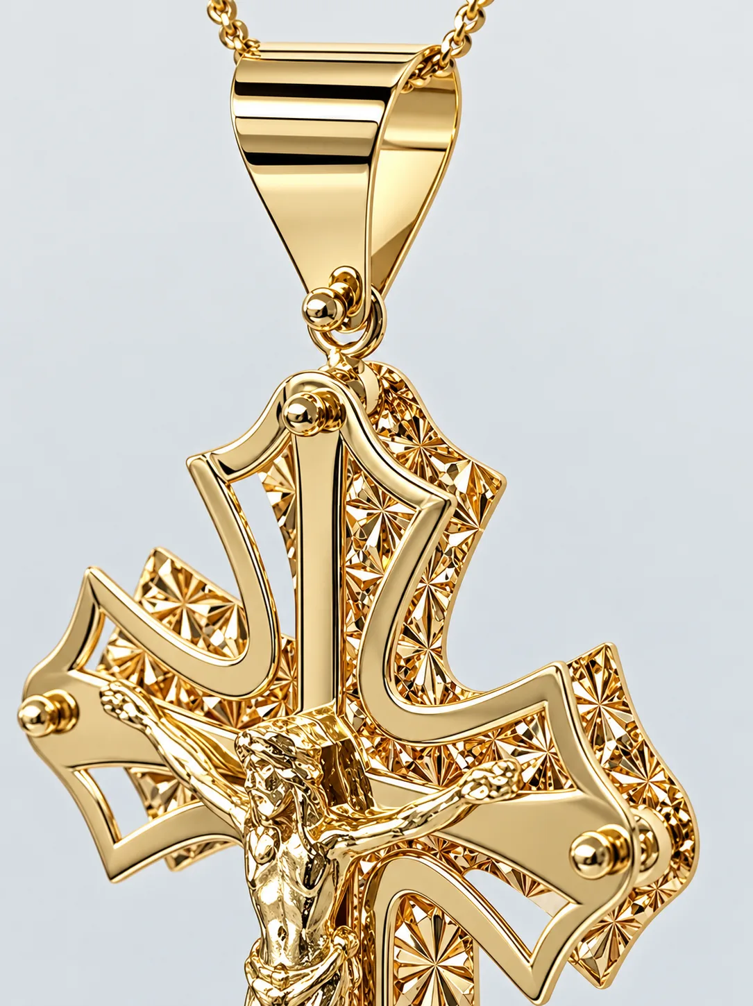 9ct Yellow Gold Italian Flared Crucifix Pendant – Diamond Cut Double-Layer Cross – 45mm x 30mm - 9KCR699