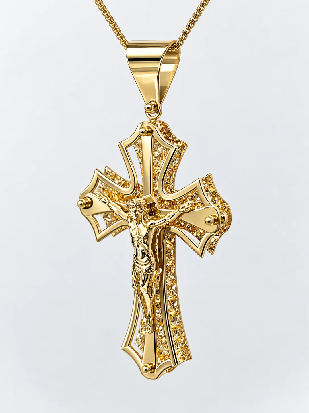 9ct Yellow Gold Italian Flared Crucifix Pendant – Diamond Cut Double-Layer Cross – 45mm x 30mm - 9KCR699