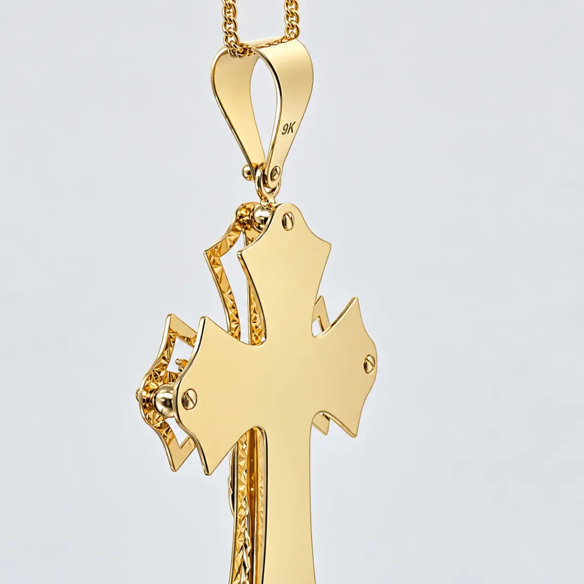 9ct Yellow Gold Italian Flared Crucifix Pendant – Diamond Cut Double-Layer Cross – 45mm x 30mm - 9KCR699