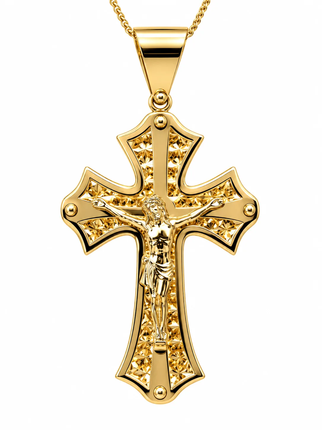 9ct Yellow Gold Italian Flared Crucifix Pendant – Diamond Cut Double-Layer Cross – 45mm x 30mm - 9KCR699