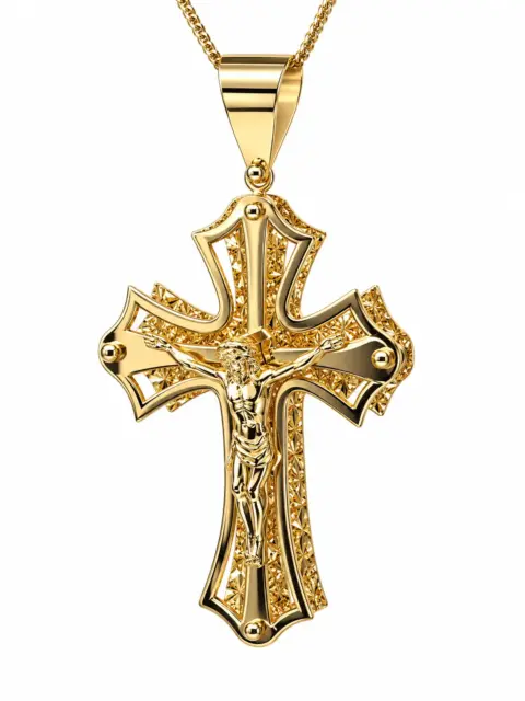 9ct Yellow Gold Italian Flared Crucifix Pendant – Diamond Cut Double-Layer Cross – 45mm x 30mm - 9KCR699