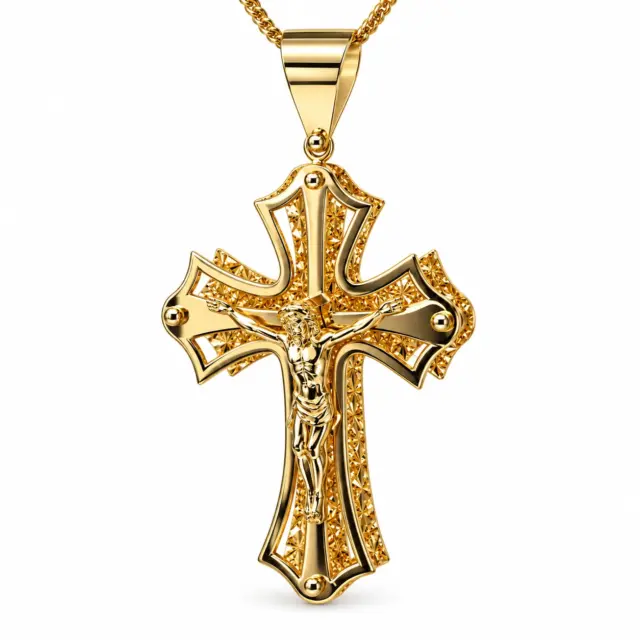 9ct Yellow Gold Italian Flared Crucifix Pendant – Diamond Cut Double-Layer Cross – 45mm x 30mm - 9KCR699