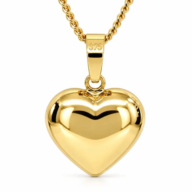 9ct Yellow Gold Italian Puff Heart Pendant – 12mm - 9KC232