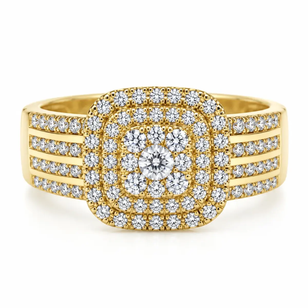 9ct Yellow Gold Multi-Row Cushion Halo CZ Cluster Dress Ring - 9YCYR7976