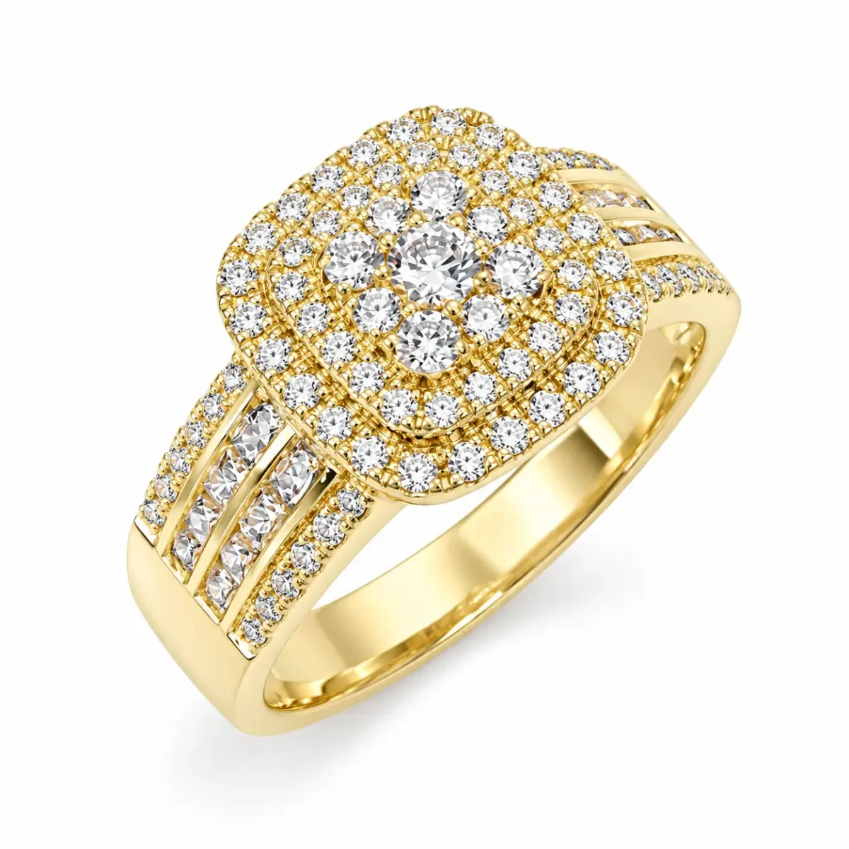 9ct Yellow Gold Multi-Row Cushion Halo CZ Cluster Dress Ring - 9YCYR7976