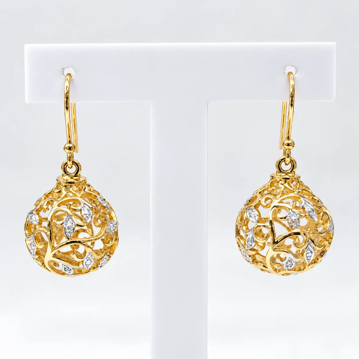 9ct Yellow Gold Natural Diamond Filigree Ball Hook Drop Earrings – 31mm - CYE1202