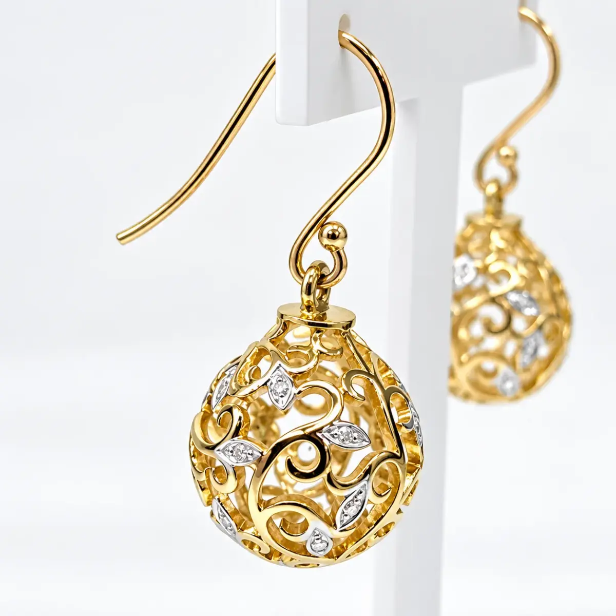 9ct Yellow Gold Natural Diamond Filigree Ball Hook Drop Earrings – 31mm - CYE1202