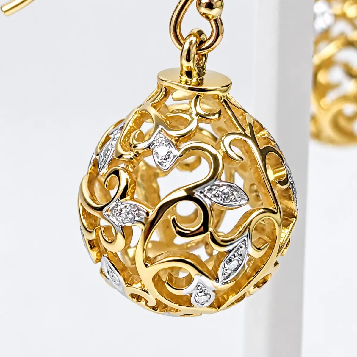 9ct Yellow Gold Natural Diamond Filigree Ball Hook Drop Earrings – 31mm - CYE1202