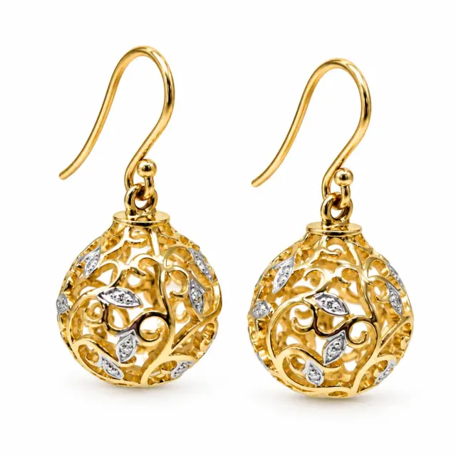 9ct Yellow Gold Natural Diamond Filigree Ball Hook Drop Earrings – 31mm - CYE1202