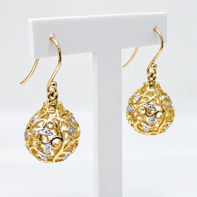 9ct Yellow Gold Natural Diamond Filigree Ball Hook Drop Earrings – 31mm - CYE1202