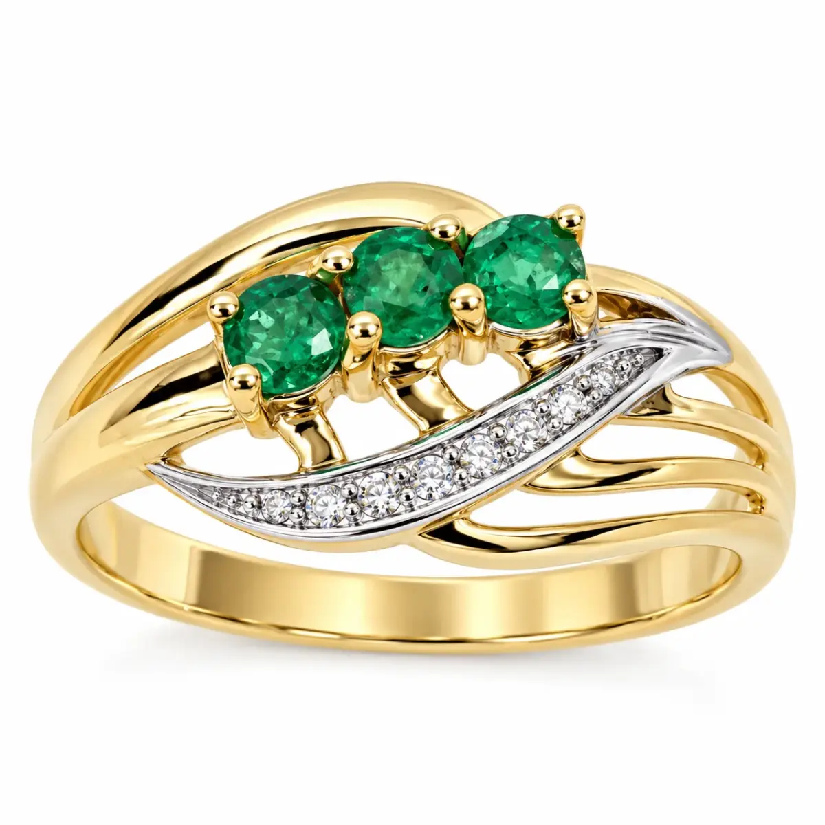 9ct Yellow Gold Natural Emerald & Diamond Crossover Ring - CYR3222/EMERALD