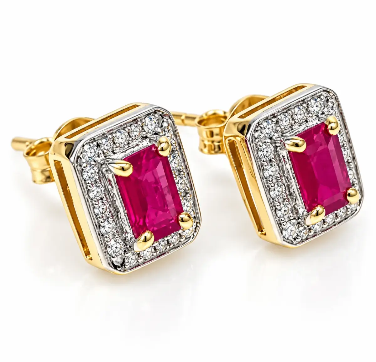 9ct Yellow Gold Natural Emerald Cut Ruby & Diamond Halo Stud Earrings – 8.50mm x 7.30mm - 5ER0574
