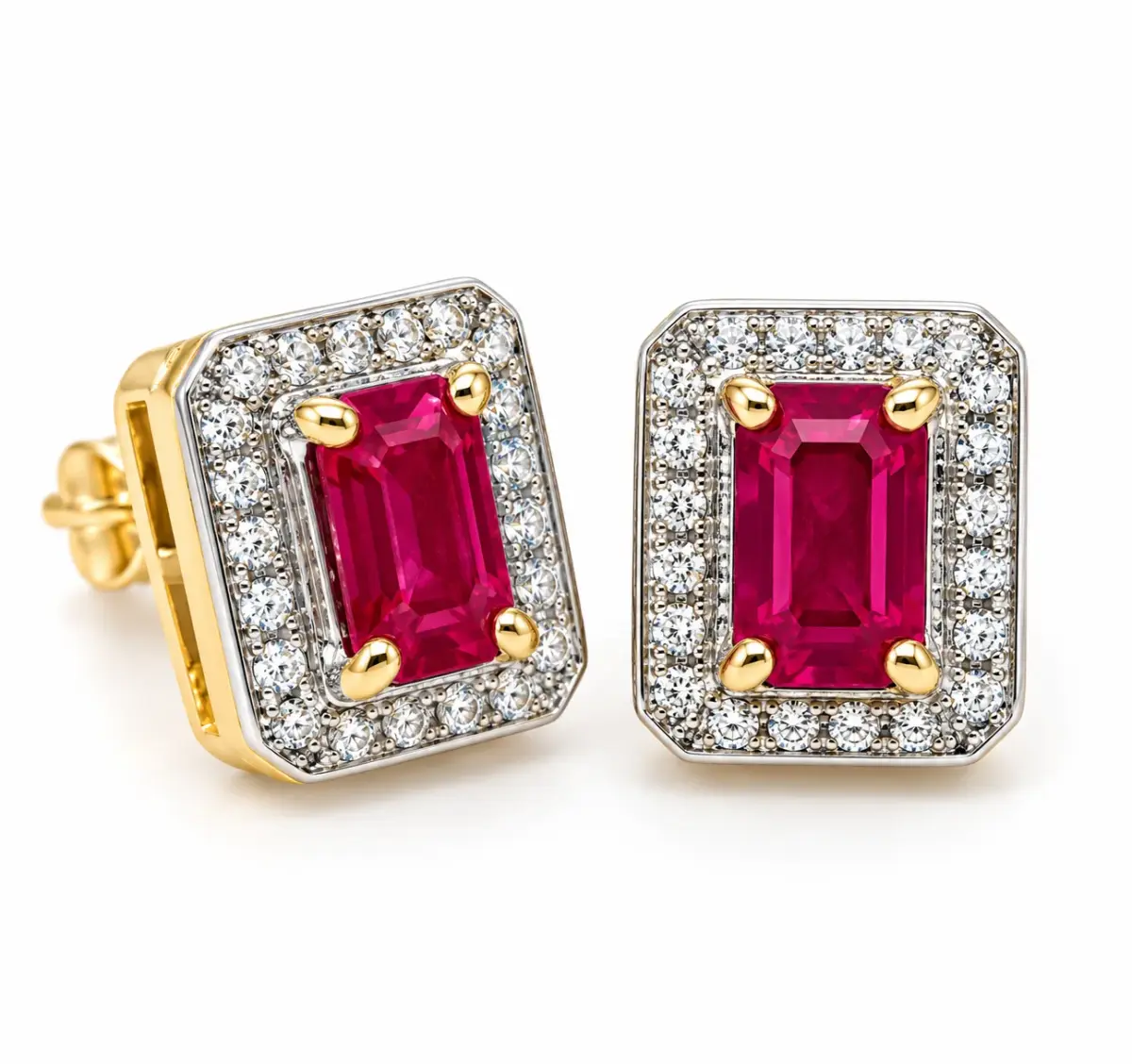 9ct Yellow Gold Natural Emerald Cut Ruby & Diamond Halo Stud Earrings – 8.50mm x 7.30mm - 5ER0574