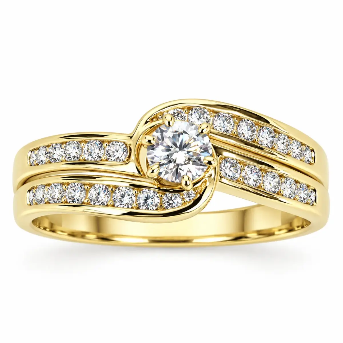 9ct Yellow Gold Round CZ Crossover 2-Piece Bridal Ring Set - 9YCYR3103AB
