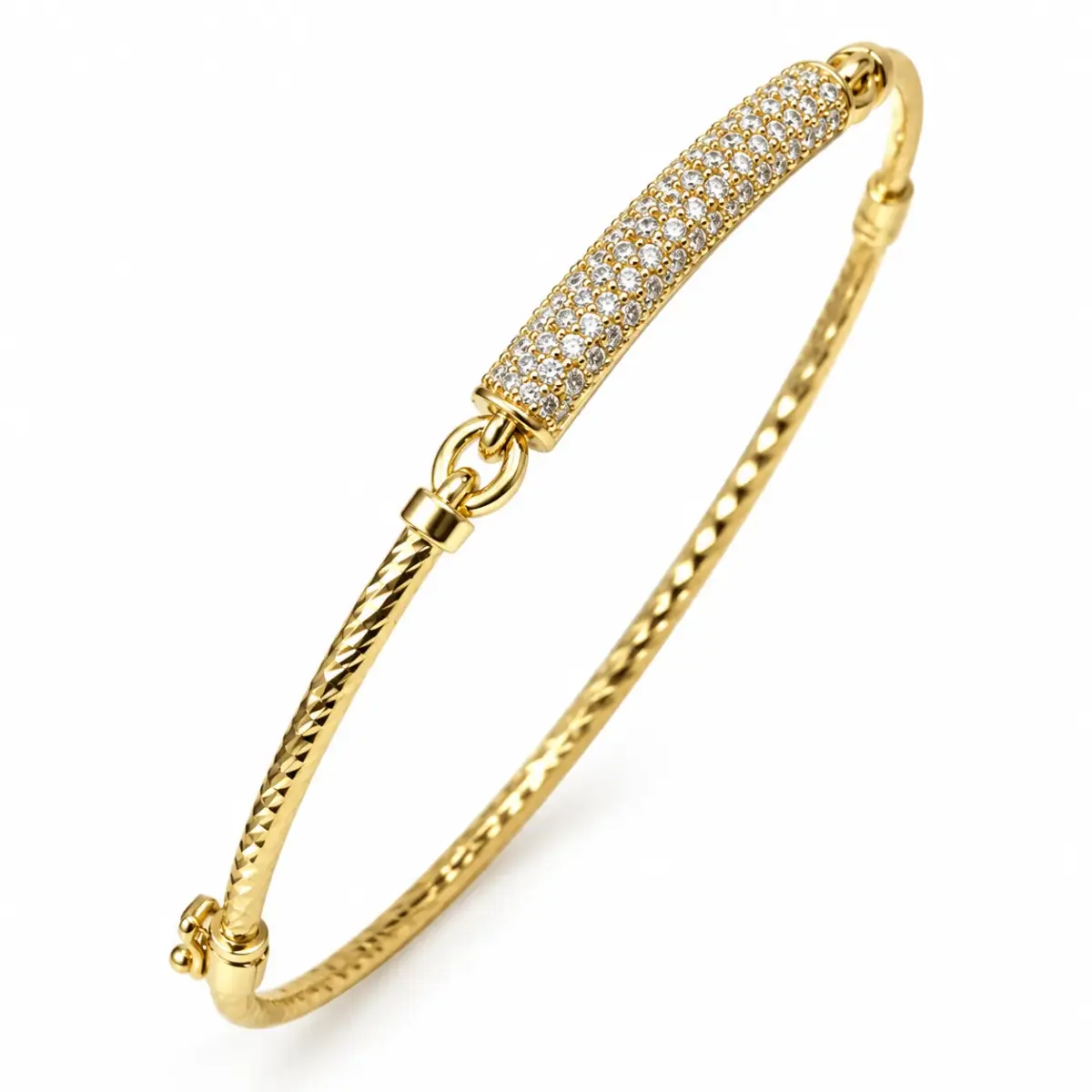 9ct Yellow Gold 2mm Twist Oval Hinged Bangle with CZ Pavé Bar – 60mm x 52mm – Made in Italy - 9KBA145