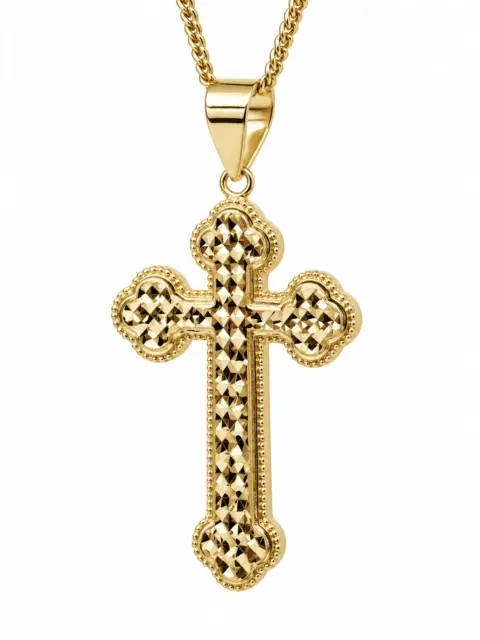9ct Yellow Gold Faceted Diamond-Cut Trefoil Cross Pendant – 25mm x 17mm | Made in Italy - 9KCR673
