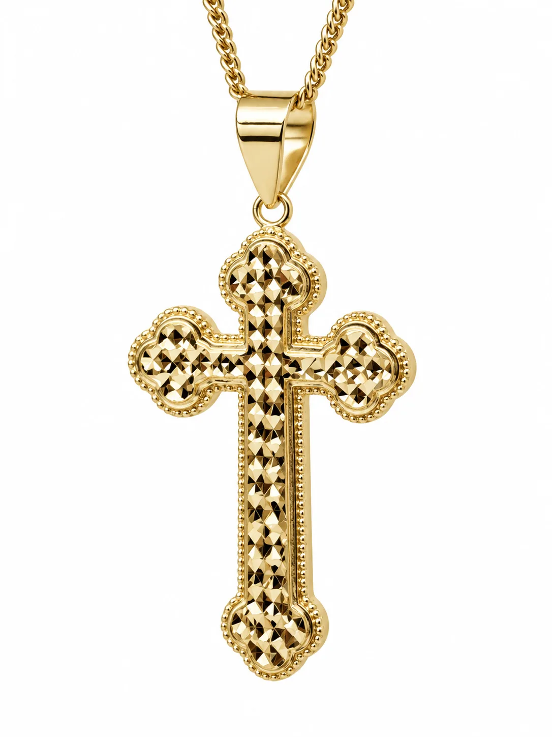 9ct Yellow Gold Faceted Diamond-Cut Trefoil Cross Pendant – 25mm x 17mm | Made in Italy - 9KCR673