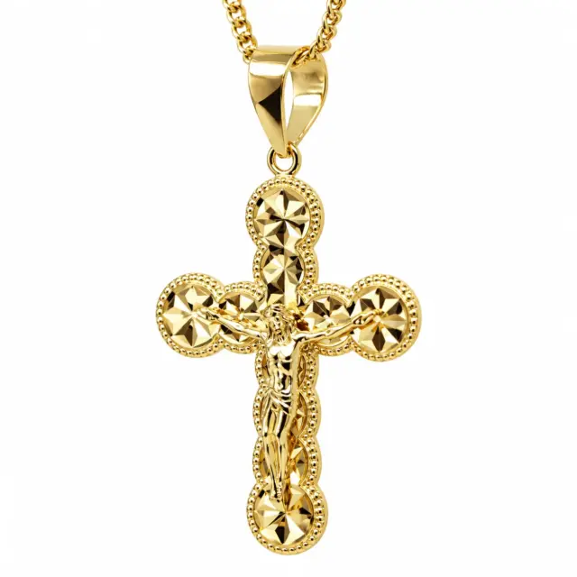 9ct Yellow Gold Faceted Diamond-Cut Crucifix Cross Pendant – 25mm x 19mm | Made in Italy - 9KCR102Y