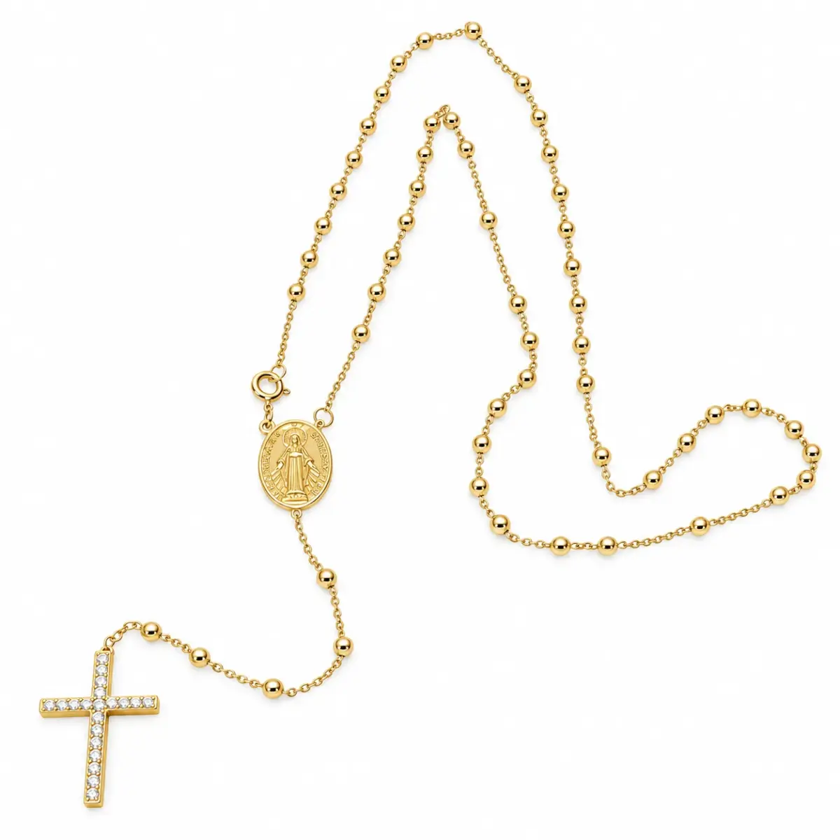9ct Yellow Gold Miraculous Madonna Rosary Necklace with CZ Cross – 50cm Chain + 10cm Drop | Made in Italy - 9KRB00850