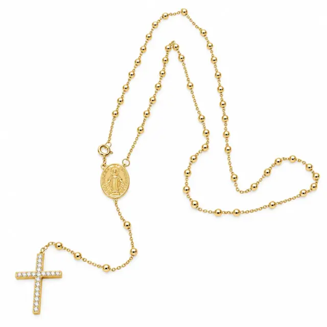 9ct Yellow Gold Miraculous Madonna Rosary Necklace with CZ Cross – 50cm Chain + 10cm Drop | Made in Italy - 9KRB00850