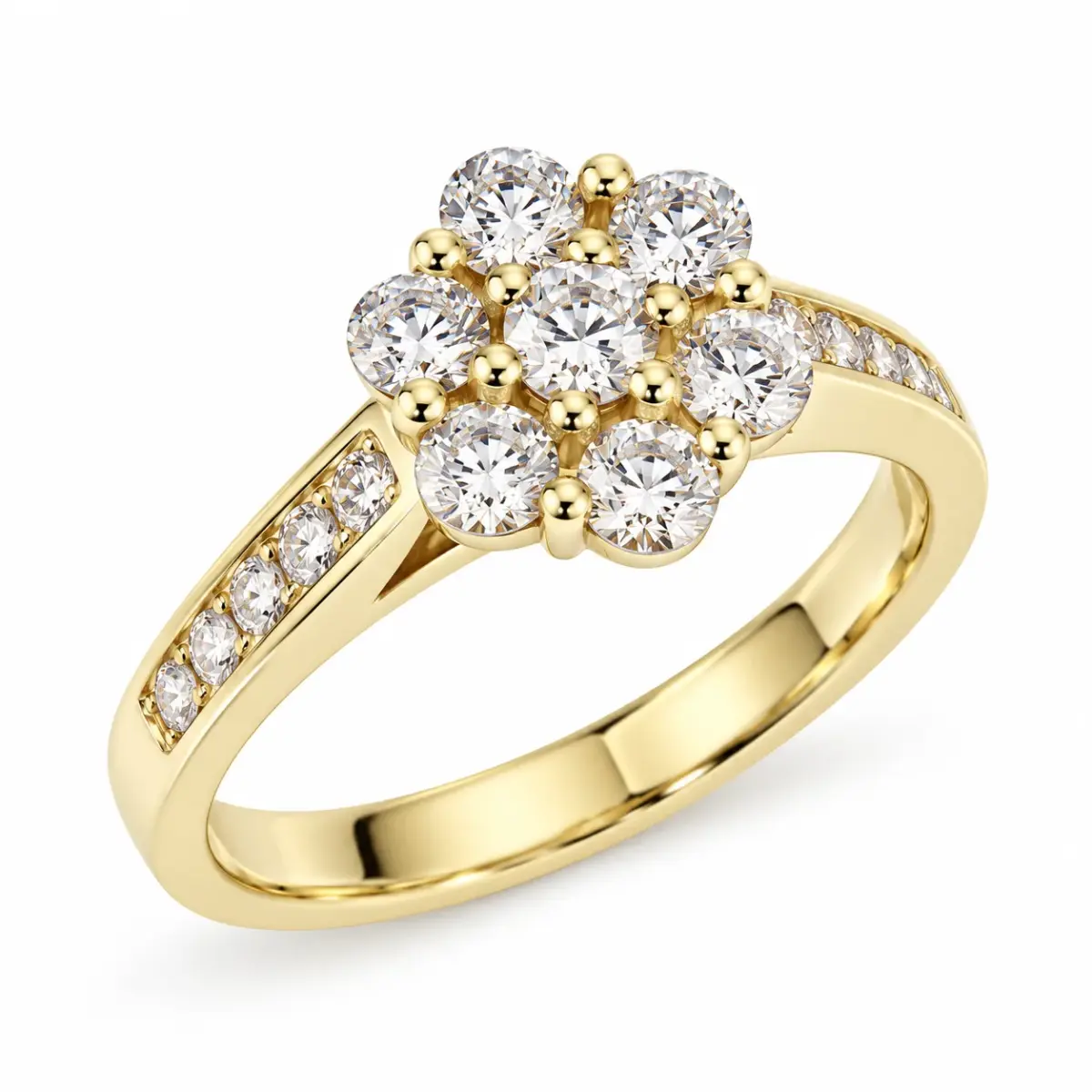 9ct Yellow Gold CZ 9mm Floral Cluster Ring with Stone-Set Shoulders - 9YCYR1826