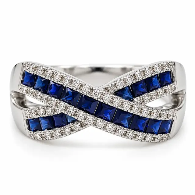 9ct White Gold Blue Sapphire & Natural Diamond Crossover Ring – 1.24ct Total Gemstone Weight - 9YCYR2537