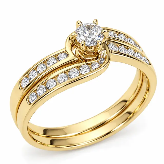 9ct Yellow Gold Round CZ Crossover 2-Piece Bridal Ring Set - 9YCYR3103AB