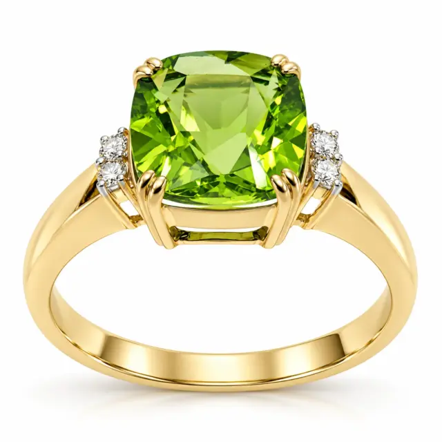 9ct Yellow Gold 3.32ct Cushion Cut Peridot & Natural Diamond Ring - 9YCYR1500