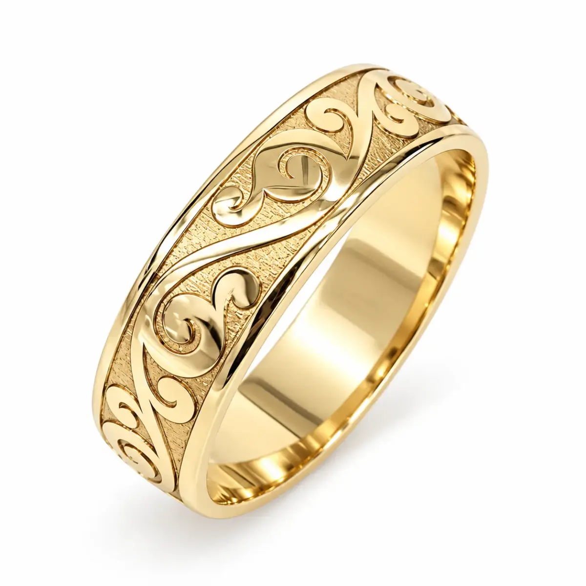 9ct Yellow Gold 6mm Laser Engraved Scrollwork Half Round Wedding Band - 9YHR5252-6