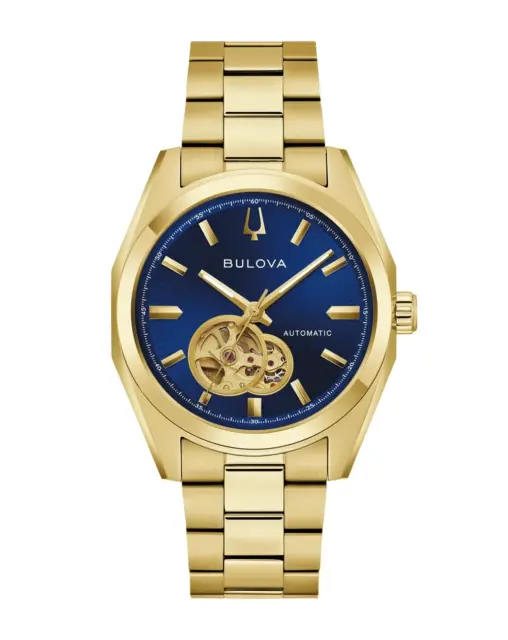 Bulova Surveyor Automatic Open Heart Gold-Tone Blue Dial Men's Watch – 97A203