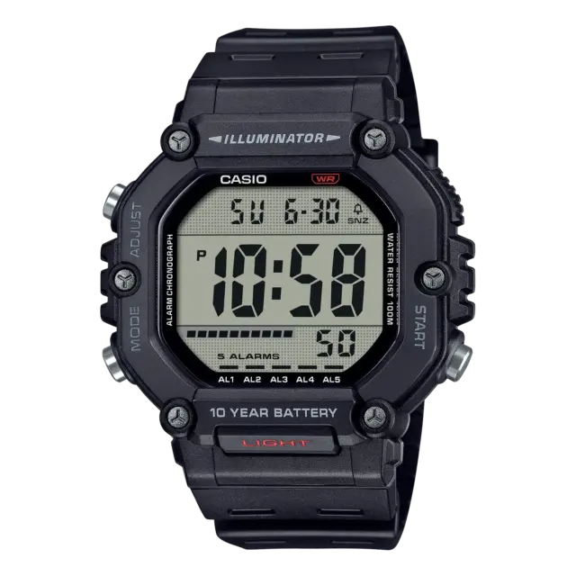 Casio AE1600H-1A Men's Black Digital Sports Watch – 100M Water Resistant, 10-Year Battery – 2 Year Warranty