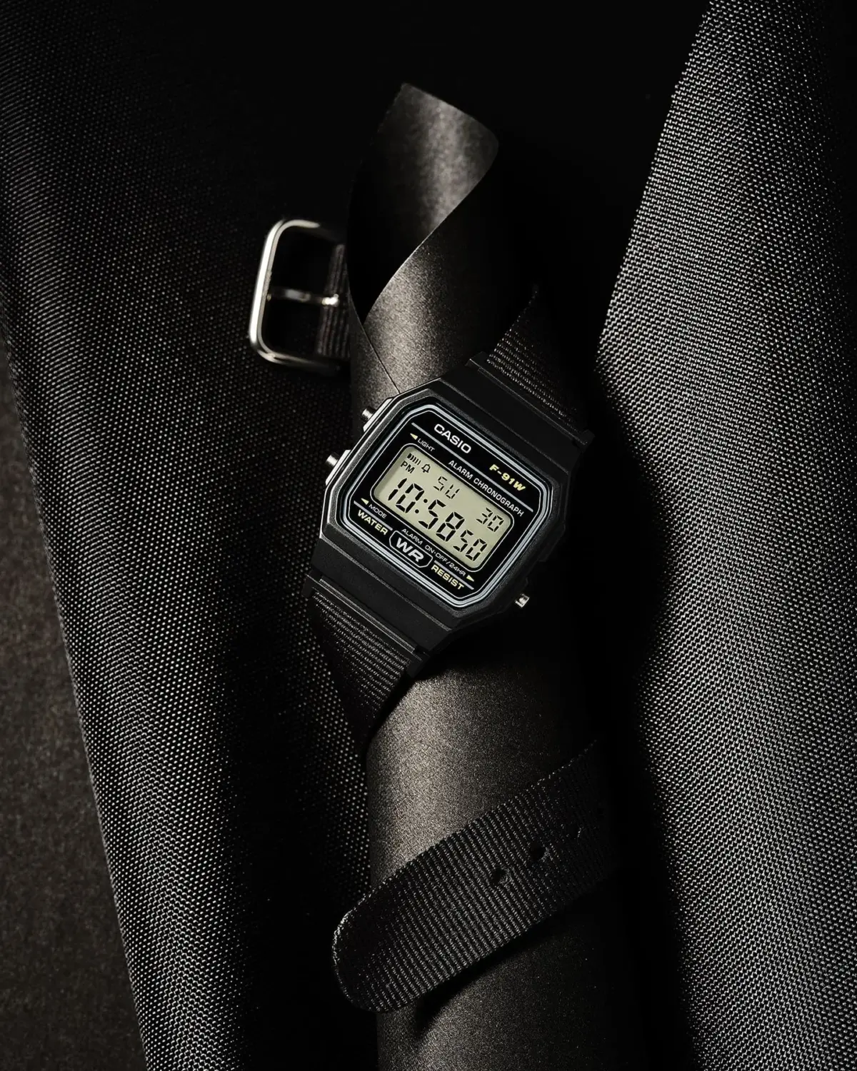 Casio F91WF-1A Classic Black Digital Watch with Recycled Fabric Strap – 2 Year Warranty