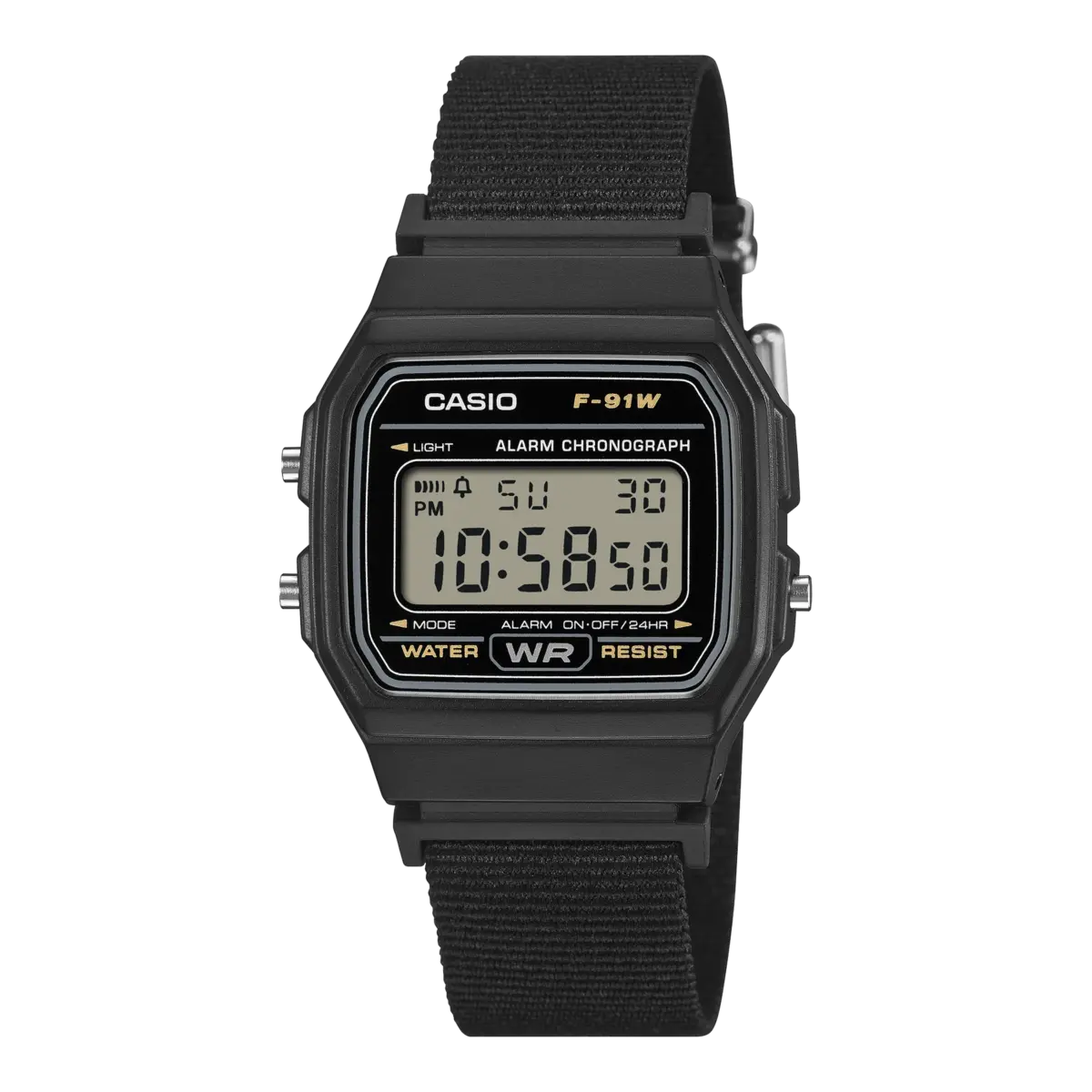 Casio F91WF-1A Classic Black Digital Watch with Recycled Fabric Strap – 2 Year Warranty