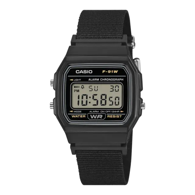 Casio F91WF-1A Classic Black Digital Watch with Recycled Fabric Strap – 2 Year Warranty