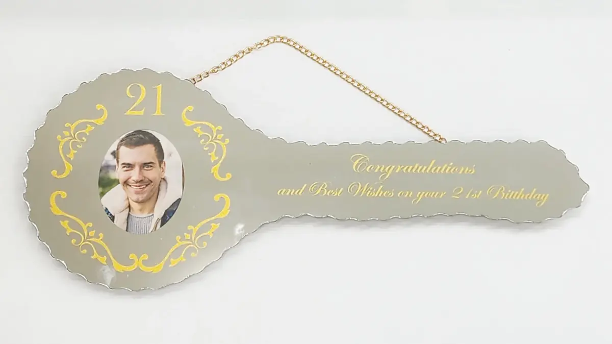 Golden Print Mirrored Glass Photo 21st Birthday Key – Decorative Design - SJ2404F